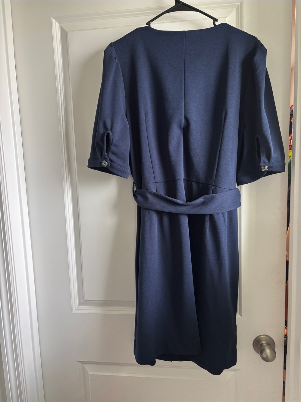 Classic Navy Button-Front Midi Dress with Self-Tie Waist - Picture 4 of 4